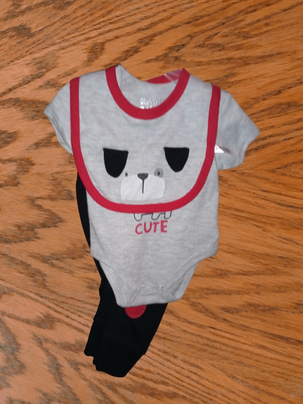 Gray Baby Bodysuit with Red Trim and Cute Bear Graphic